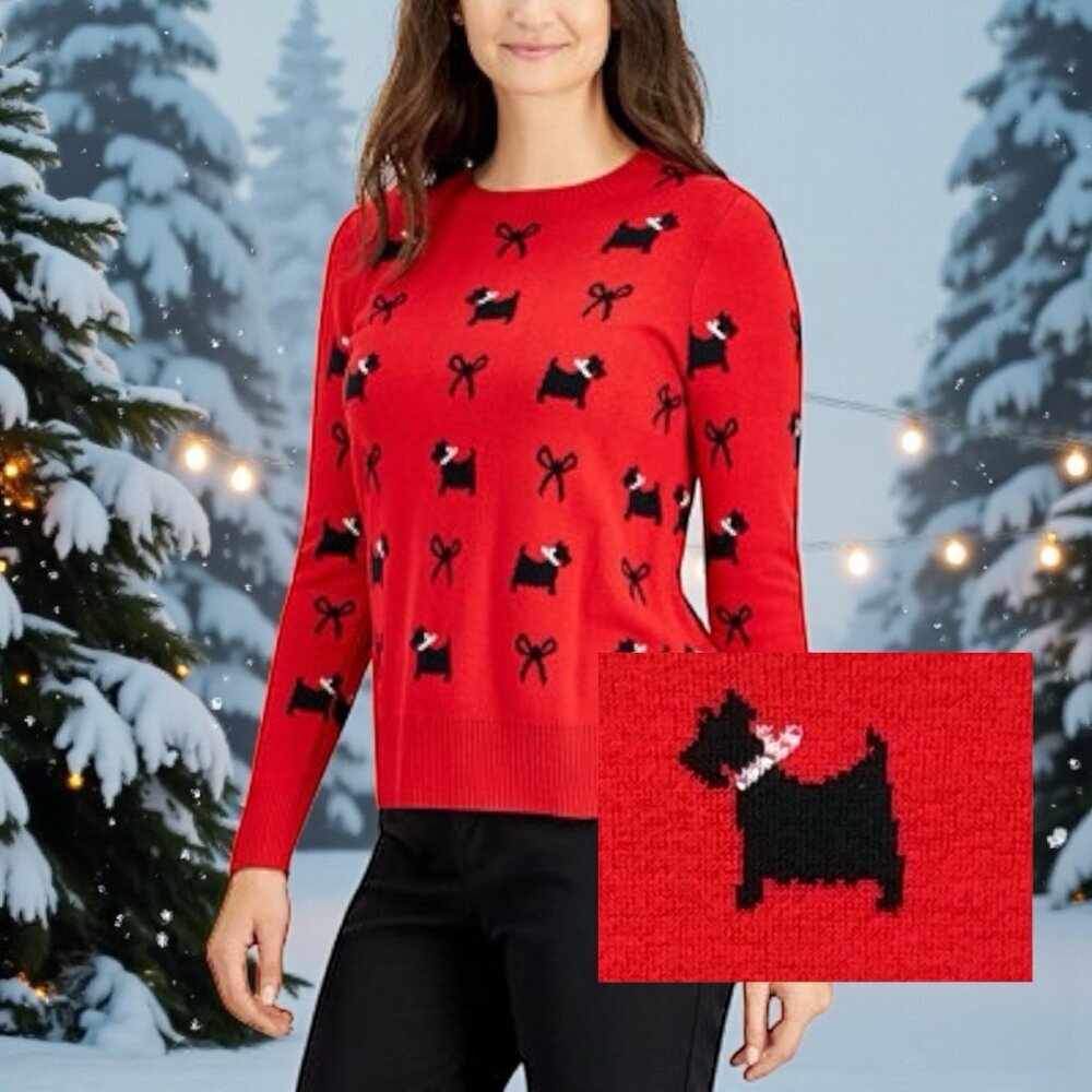 Charter Club Red Scotch Terrier Sweater with Black Dog Motif
